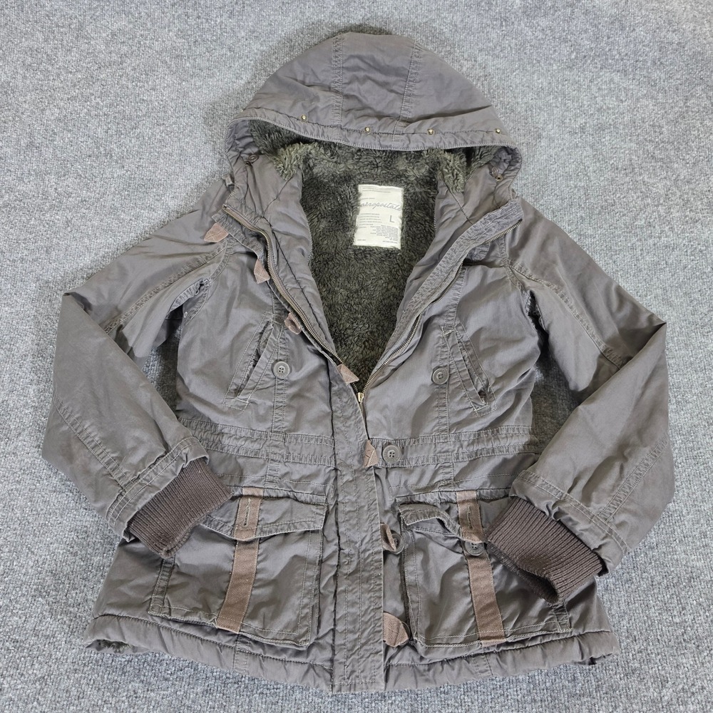 2000s Aeropostale Womens Gray Faux Fur Lined Hooded Utility Parka Jacket Size L
